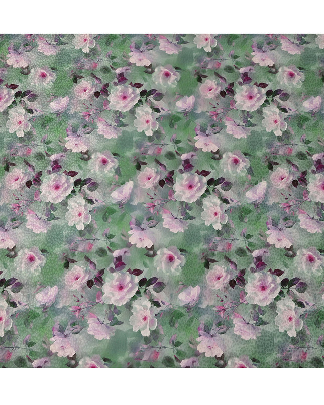 Green Floral Printed Premium Pure Silk Satin Fabric Soft Smooth Lustrous Finish 140 Cms Width, 3.5 Mtrs Piece and Made in Italy-D27186