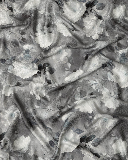 Grey Floral Printed Premium Pure Silk Satin Fabric Soft Smooth Lustrous Finish 140 Cms Width, 3.5 Mtrs Piece and Made in Italy-D27190