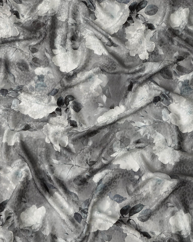 Grey Floral Printed Premium Pure Silk Satin Fabric Soft Smooth Lustrous Finish 140 Cms Width, 3.5 Mtrs Piece and Made in Italy-D27190