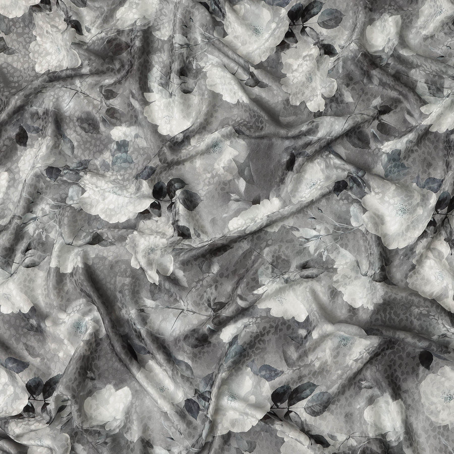 Grey Floral Printed Premium Pure Silk Satin Fabric Soft Smooth Lustrous Finish 140 Cms Width, 3.5 Mtrs Piece and Made in Italy-D27190