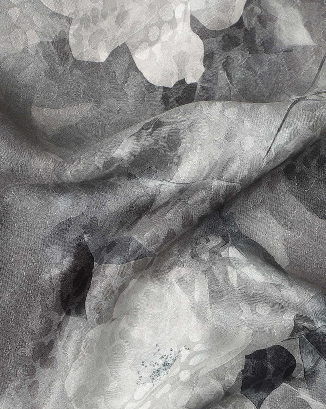 Grey Floral Printed Premium Pure Silk Satin Fabric Soft Smooth Lustrous Finish 140 Cms Width, 3.5 Mtrs Piece and Made in Italy-D27190