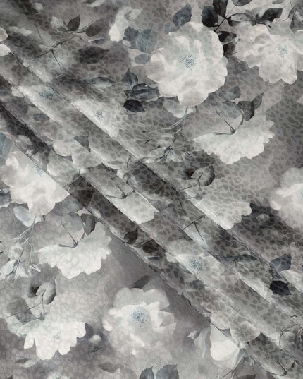 Grey Floral Printed Premium Pure Silk Satin Fabric Soft Smooth Lustrous Finish 140 Cms Width, 3.5 Mtrs Piece and Made in Italy-D27190