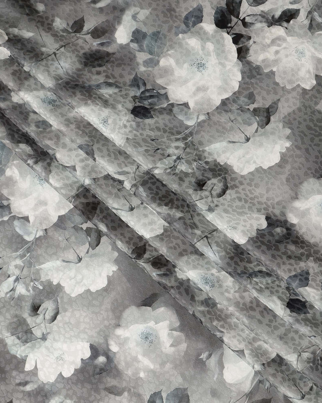 Grey Floral Printed Premium Pure Silk Satin Fabric Soft Smooth Lustrous Finish 140 Cms Width, 3.5 Mtrs Piece and Made in Italy-D27190