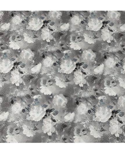 Grey Floral Printed Premium Pure Silk Satin Fabric Soft Smooth Lustrous Finish 140 Cms Width, 3.5 Mtrs Piece and Made in Italy-D27190