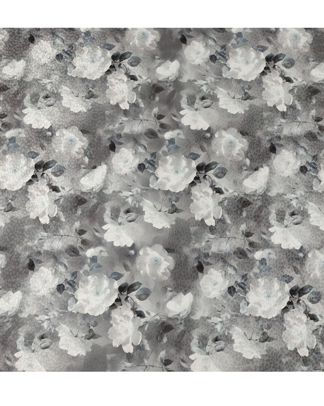 Grey Floral Printed Premium Pure Silk Satin Fabric Soft Smooth Lustrous Finish 140 Cms Width, 3.5 Mtrs Piece and Made in Italy-D27190