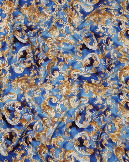 Royal Blue Baroque Scroll Print Premium Pure Silk Satin Fabric Smooth Lustrous Designer Finish 140 Cms Width, 3.5 Mtrs Piece and Made in Italy-D27206