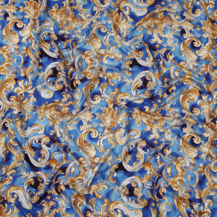 Royal Blue Baroque Scroll Print Premium Pure Silk Satin Fabric Smooth Lustrous Designer Finish 140 Cms Width, 3.5 Mtrs Piece and Made in Italy-D27206