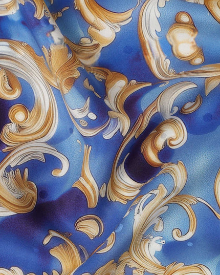 Royal Blue Baroque Scroll Print Premium Pure Silk Satin Fabric Smooth Lustrous Designer Finish 140 Cms Width, 3.5 Mtrs Piece and Made in Italy-D27206