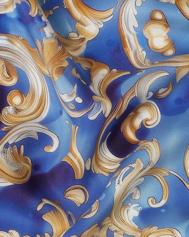 Royal Blue Baroque Scroll Print Premium Pure Silk Satin Fabric Smooth Lustrous Designer Finish 140 Cms Width, 3.5 Mtrs Piece and Made in Italy-D27206