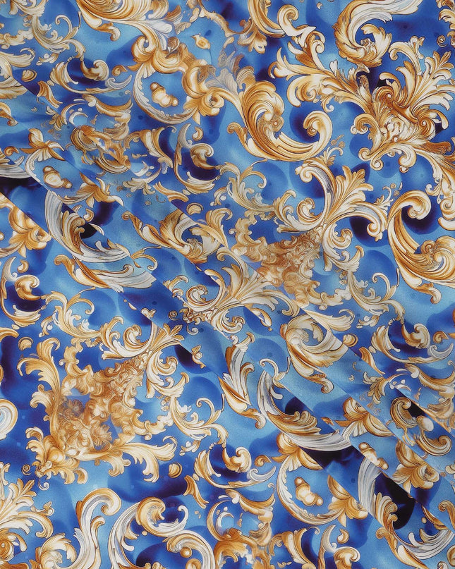 Royal Blue Baroque Scroll Print Premium Pure Silk Satin Fabric Smooth Lustrous Designer Finish 140 Cms Width, 3.5 Mtrs Piece and Made in Italy-D27206