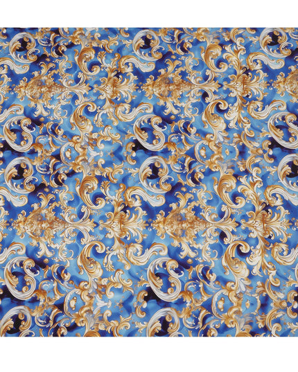 Royal Blue Baroque Scroll Print Premium Pure Silk Satin Fabric Smooth Lustrous Designer Finish 140 Cms Width, 3.5 Mtrs Piece and Made in Italy-D27206