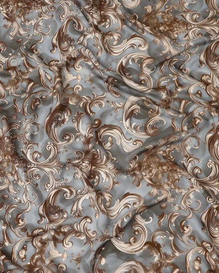Grey Brown Baroque Swirl Printed Premium Pure Silk Satin Fabric Smooth Lustrous Designer Finish 140 Cms Width, 3.5 Mtrs Piece and Made in Italy-D27193