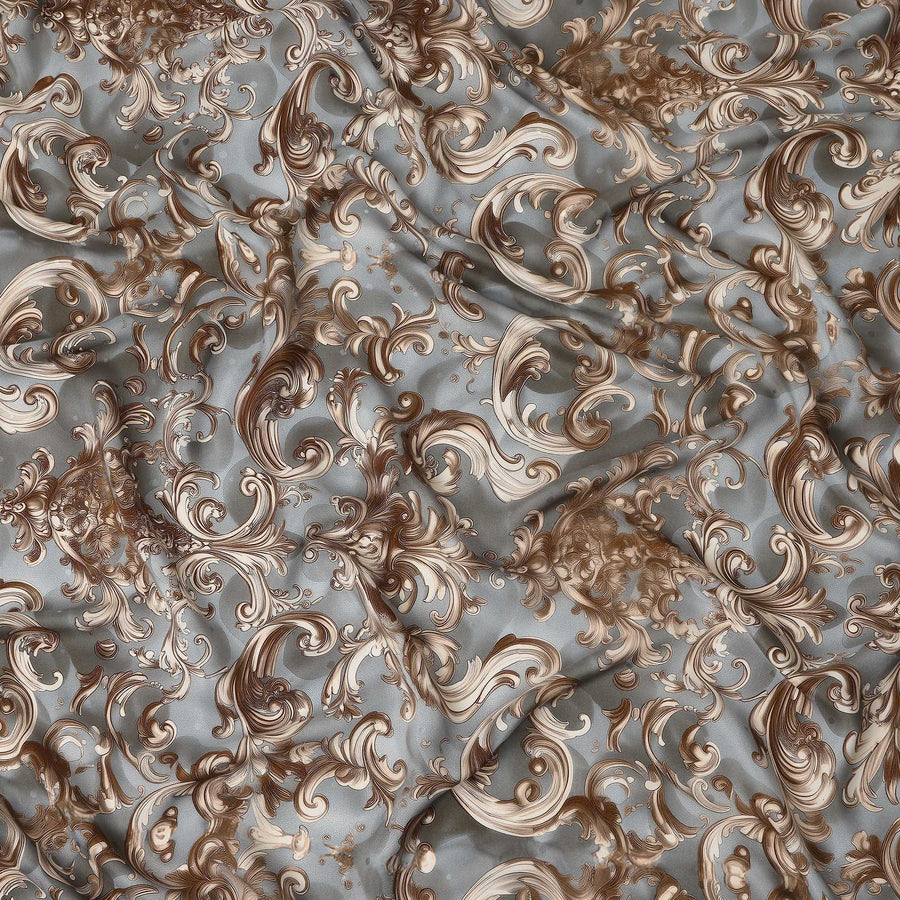 Grey Brown Baroque Swirl Printed Premium Pure Silk Satin Fabric Smooth Lustrous Designer Finish 140 Cms Width, 3.5 Mtrs Piece and Made in Italy-D27193