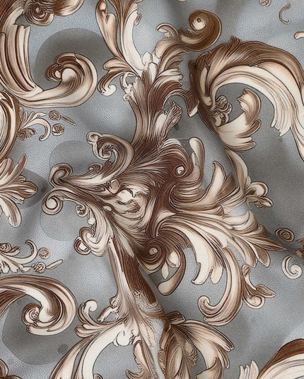 Grey Brown Baroque Swirl Printed Premium Pure Silk Satin Fabric Smooth Lustrous Designer Finish 140 Cms Width, 3.5 Mtrs Piece and Made in Italy-D27193