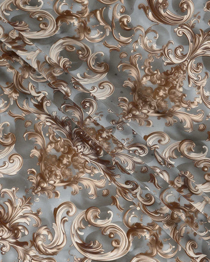 Grey Brown Baroque Swirl Printed Premium Pure Silk Satin Fabric Smooth Lustrous Designer Finish 140 Cms Width, 3.5 Mtrs Piece and Made in Italy-D27193