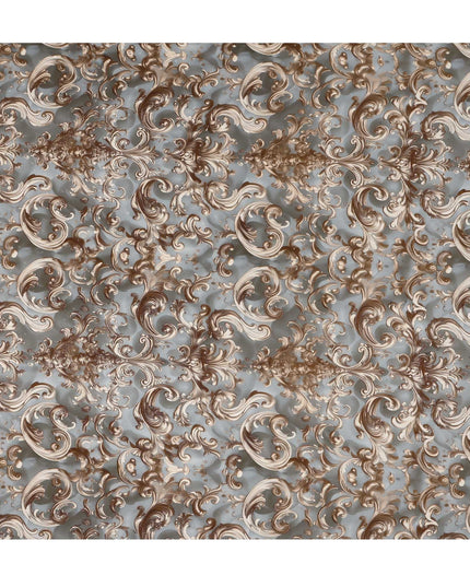 Grey Brown Baroque Swirl Printed Premium Pure Silk Satin Fabric Smooth Lustrous Designer Finish 140 Cms Width, 3.5 Mtrs Piece and Made in Italy-D27193