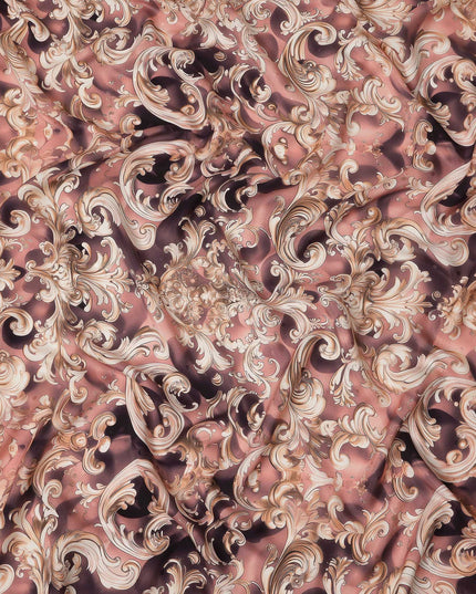 Dusty Rose Baroque Scroll Print Premium Pure Silk Satin Fabric Smooth Lustrous Designer Finish 140 Cms Width, 3.5 Mtrs Piece and Made in Italy-D27205