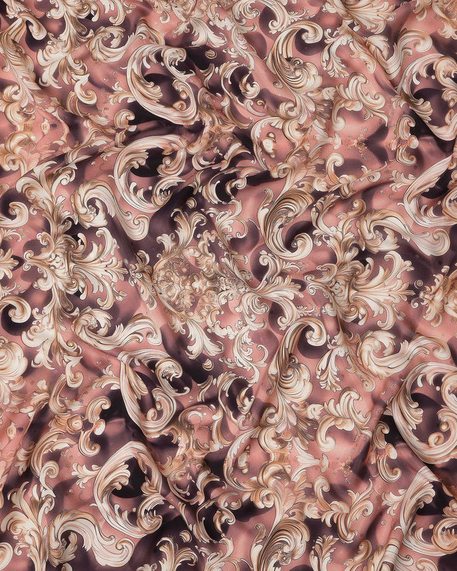 Dusty Rose Baroque Scroll Print Premium Pure Silk Satin Fabric Smooth Lustrous Designer Finish 140 Cms Width, 3.5 Mtrs Piece and Made in Italy-D27205