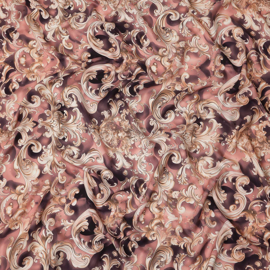 Dusty Rose Baroque Scroll Print Premium Pure Silk Satin Fabric Smooth Lustrous Designer Finish 140 Cms Width, 3.5 Mtrs Piece and Made in Italy-D27205
