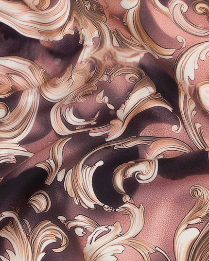 Dusty Rose Baroque Scroll Print Premium Pure Silk Satin Fabric Smooth Lustrous Designer Finish 140 Cms Width, 3.5 Mtrs Piece and Made in Italy-D27205