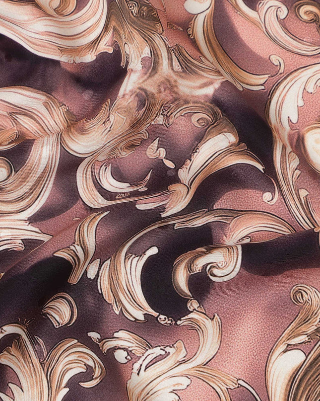 Dusty Rose Baroque Scroll Print Premium Pure Silk Satin Fabric Smooth Lustrous Designer Finish 140 Cms Width, 3.5 Mtrs Piece and Made in Italy-D27205