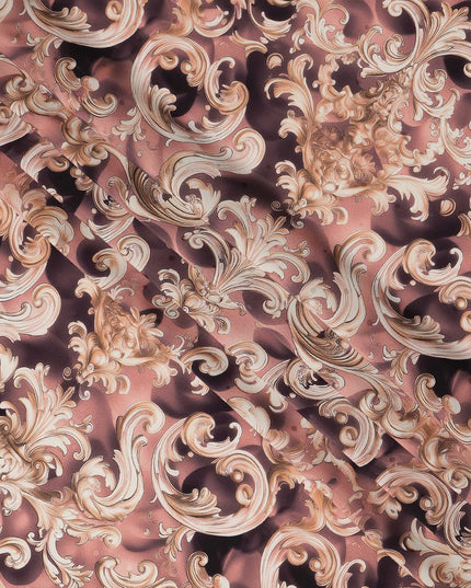 Dusty Rose Baroque Scroll Print Premium Pure Silk Satin Fabric Smooth Lustrous Designer Finish 140 Cms Width, 3.5 Mtrs Piece and Made in Italy-D27205