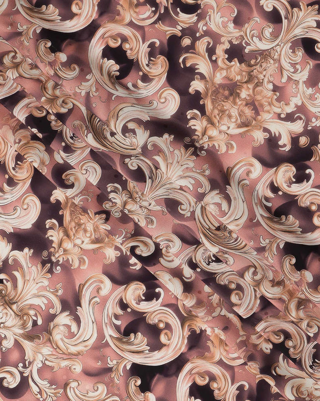 Dusty Rose Baroque Scroll Print Premium Pure Silk Satin Fabric Smooth Lustrous Designer Finish 140 Cms Width, 3.5 Mtrs Piece and Made in Italy-D27205
