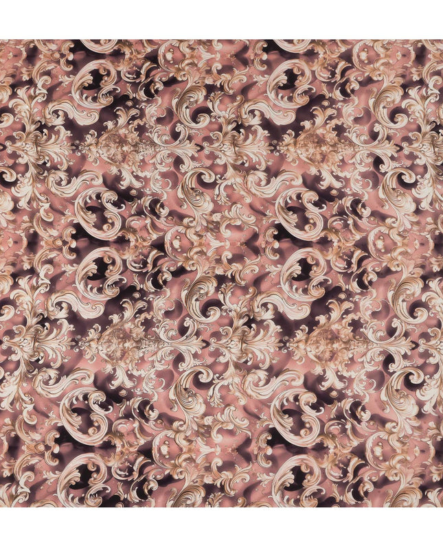 Dusty Rose Baroque Scroll Print Premium Pure Silk Satin Fabric Smooth Lustrous Designer Finish 140 Cms Width, 3.5 Mtrs Piece and Made in Italy-D27205