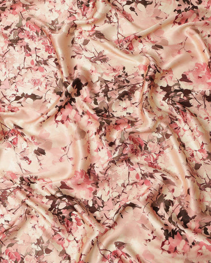 Beige Pink Floral Printed Premium Pure Silk Satin Fabric Soft Smooth Lustrous Designer Finish 140 Cms Width, 3.5 Mtrs Piece and Made in Italy-D27192