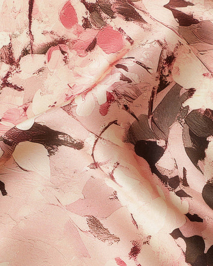 Beige Pink Floral Printed Premium Pure Silk Satin Fabric Soft Smooth Lustrous Designer Finish 140 Cms Width, 3.5 Mtrs Piece and Made in Italy-D27192