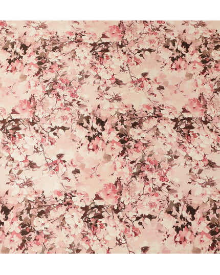 Beige Pink Floral Printed Premium Pure Silk Satin Fabric Soft Smooth Lustrous Designer Finish 140 Cms Width, 3.5 Mtrs Piece and Made in Italy-D27192