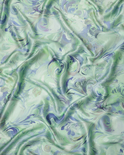 Mint Green Abstract Marble Swirl Print Premium Pure Silk Satin Fabric Smooth Glossy Finish 140 Cms Width, 3.5 Mtrs Piece and Made in Italy-D27207