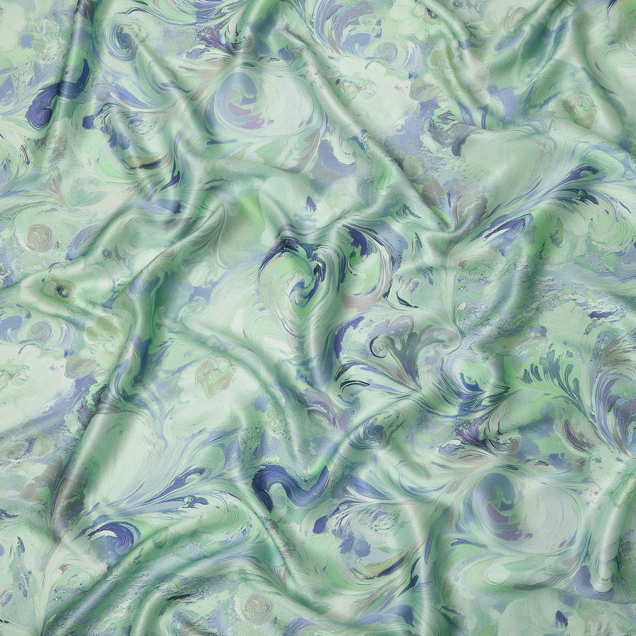 Mint Green Abstract Marble Swirl Print Premium Pure Silk Satin Fabric Smooth Glossy Finish 140 Cms Width, 3.5 Mtrs Piece and Made in Italy-D27207