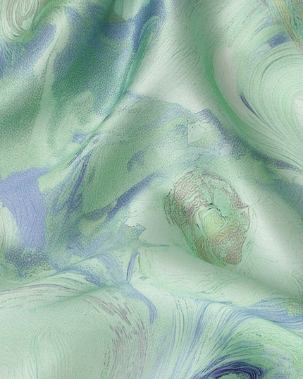 Mint Green Abstract Marble Swirl Print Premium Pure Silk Satin Fabric Smooth Glossy Finish 140 Cms Width, 3.5 Mtrs Piece and Made in Italy-D27207