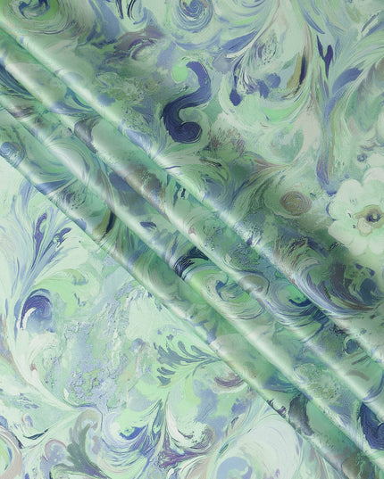 Mint Green Abstract Marble Swirl Print Premium Pure Silk Satin Fabric Smooth Glossy Finish 140 Cms Width, 3.5 Mtrs Piece and Made in Italy-D27207