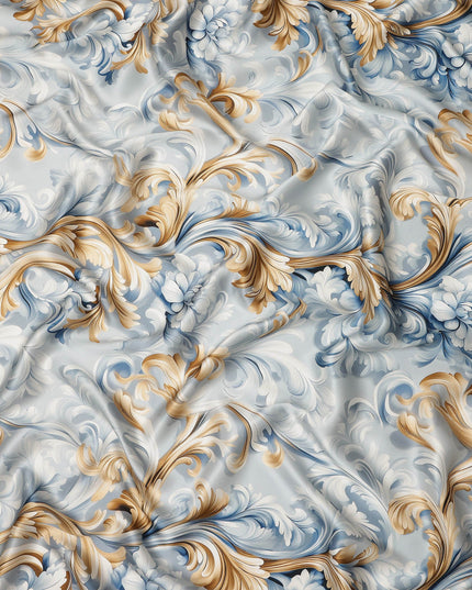 Ivory Blue Baroque Floral Scroll Print Premium Pure Silk Satin Fabric Elegant Designer Finish 140 Cms Width, 3.5 Mtrs Piece and Made in Italy-D27210