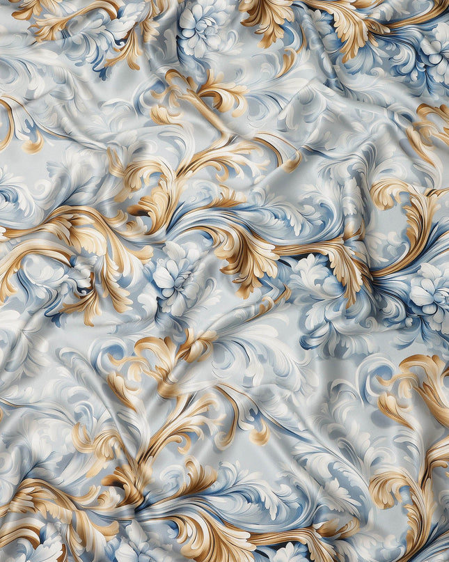 Ivory Blue Baroque Floral Scroll Print Premium Pure Silk Satin Fabric Elegant Designer Finish 140 Cms Width, 3.5 Mtrs Piece and Made in Italy-D27210