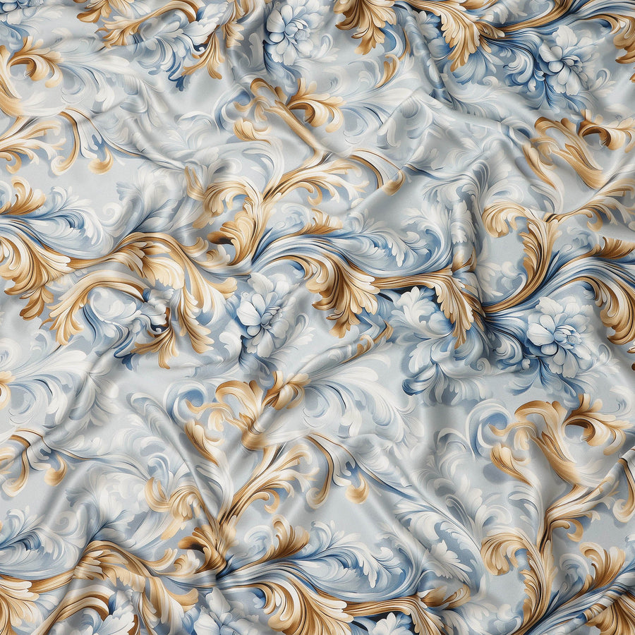 Ivory Blue Baroque Floral Scroll Print Premium Pure Silk Satin Fabric Elegant Designer Finish 140 Cms Width, 3.5 Mtrs Piece and Made in Italy-D27210
