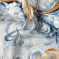 Ivory Blue Baroque Floral Scroll Print Premium Pure Silk Satin Fabric Elegant Designer Finish 140 Cms Width, 3.5 Mtrs Piece and Made in Italy-D27210