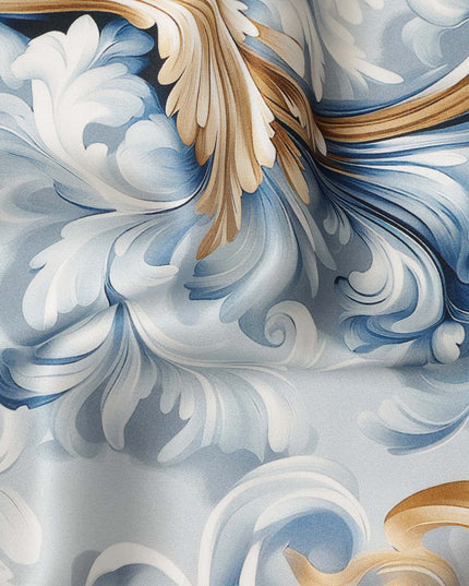 Ivory Blue Baroque Floral Scroll Print Premium Pure Silk Satin Fabric Elegant Designer Finish 140 Cms Width, 3.5 Mtrs Piece and Made in Italy-D27210