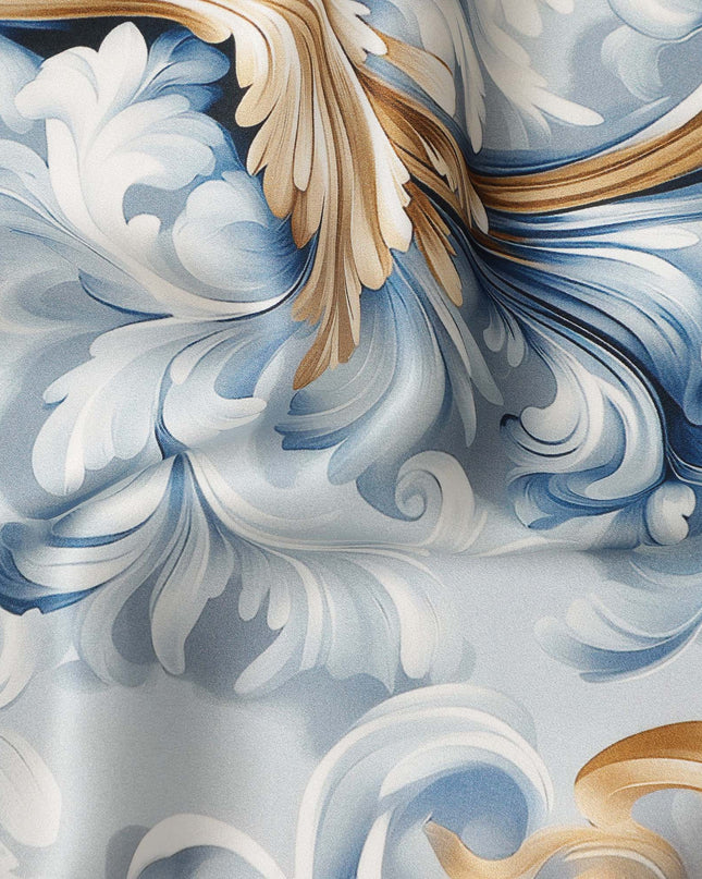 Ivory Blue Baroque Floral Scroll Print Premium Pure Silk Satin Fabric Elegant Designer Finish 140 Cms Width, 3.5 Mtrs Piece and Made in Italy-D27210