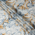 Ivory Blue Baroque Floral Scroll Print Premium Pure Silk Satin Fabric Elegant Designer Finish 140 Cms Width, 3.5 Mtrs Piece and Made in Italy-D27210