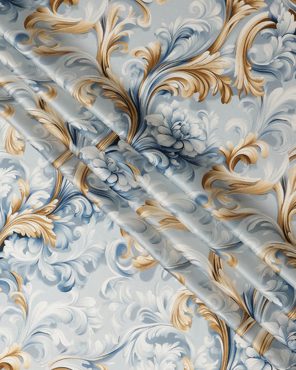 Ivory Blue Baroque Floral Scroll Print Premium Pure Silk Satin Fabric Elegant Designer Finish 140 Cms Width, 3.5 Mtrs Piece and Made in Italy-D27210