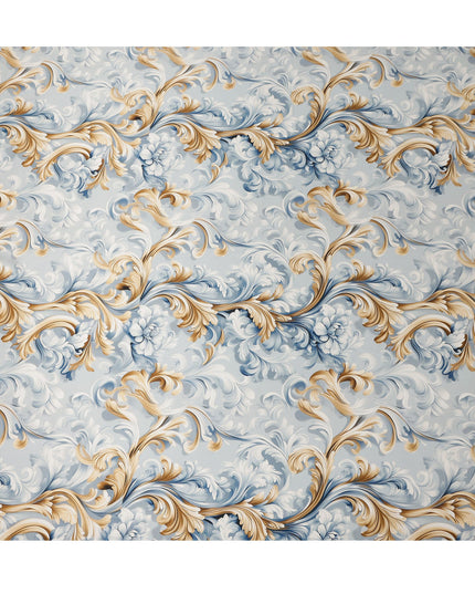 Ivory Blue Baroque Floral Scroll Print Premium Pure Silk Satin Fabric Elegant Designer Finish 140 Cms Width, 3.5 Mtrs Piece and Made in Italy-D27210