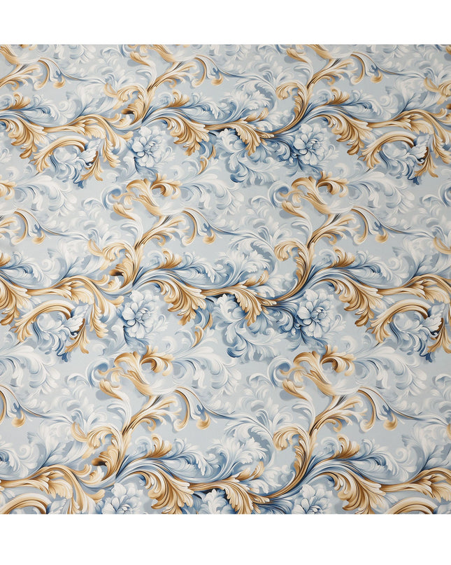 Ivory Blue Baroque Floral Scroll Print Premium Pure Silk Satin Fabric Elegant Designer Finish 140 Cms Width, 3.5 Mtrs Piece and Made in Italy-D27210