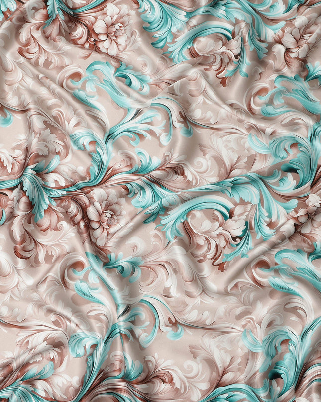 Beige Teal Baroque Floral Printed Premium Pure Silk Satin Fabric Smooth Lustrous Designer Finish 140 Cms Width, 3.5 Mtrs Piece and Made in Italy-D27198