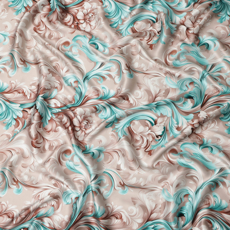 Beige Teal Baroque Floral Printed Premium Pure Silk Satin Fabric Smooth Lustrous Designer Finish 140 Cms Width, 3.5 Mtrs Piece and Made in Italy-D27198