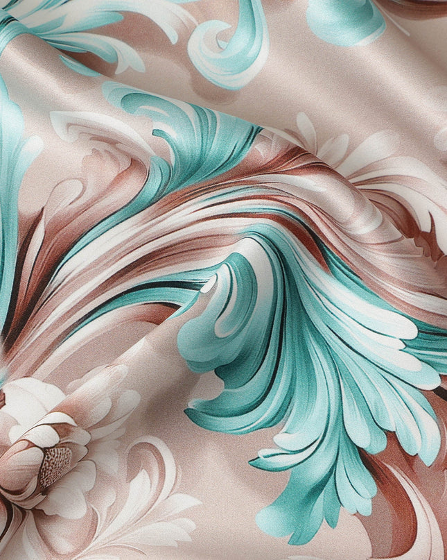 Beige Teal Baroque Floral Printed Premium Pure Silk Satin Fabric Smooth Lustrous Designer Finish 140 Cms Width, 3.5 Mtrs Piece and Made in Italy-D27198