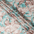 Beige Teal Baroque Floral Printed Premium Pure Silk Satin Fabric Smooth Lustrous Designer Finish 140 Cms Width, 3.5 Mtrs Piece and Made in Italy-D27198