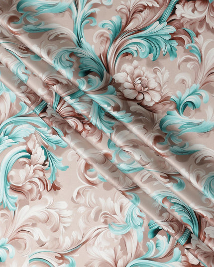 Beige Teal Baroque Floral Printed Premium Pure Silk Satin Fabric Smooth Lustrous Designer Finish 140 Cms Width, 3.5 Mtrs Piece and Made in Italy-D27198
